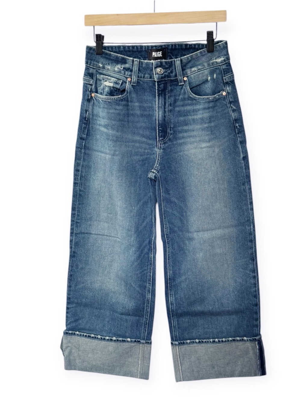 PAIGE Sasha Wide Cuff Ankle Jeans in Blue Note Distressed | 27 - Picture 4 of 13